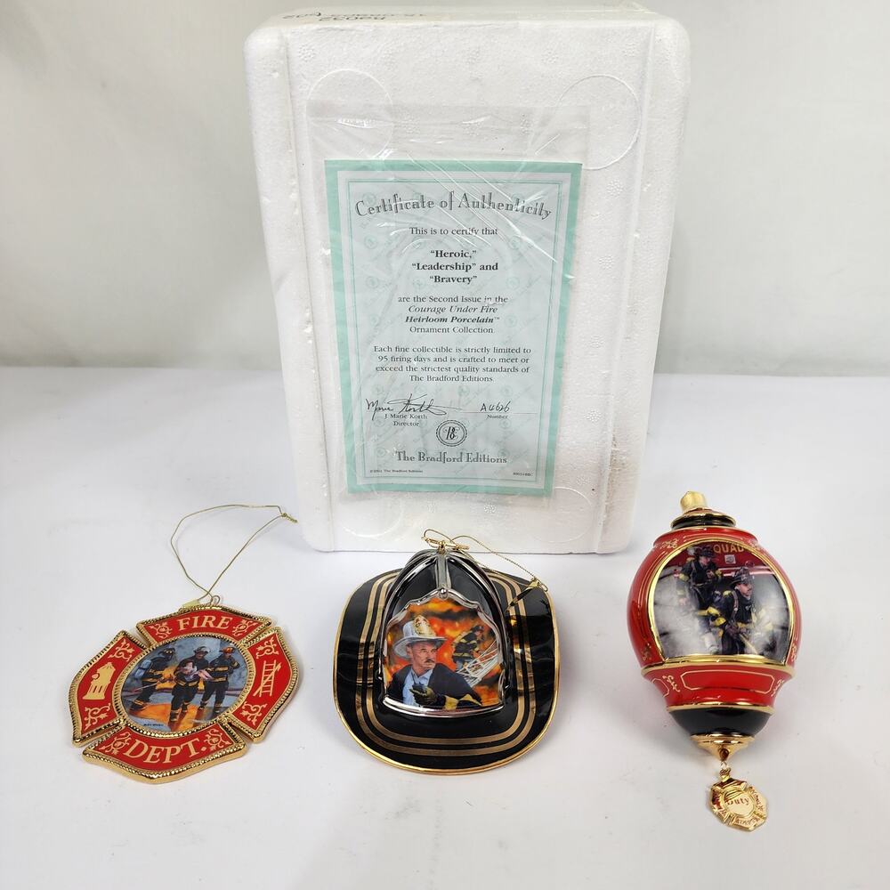 The Bradford Edition 3 Colorful Ornaments Firefighter Heroic Leadership Bravery